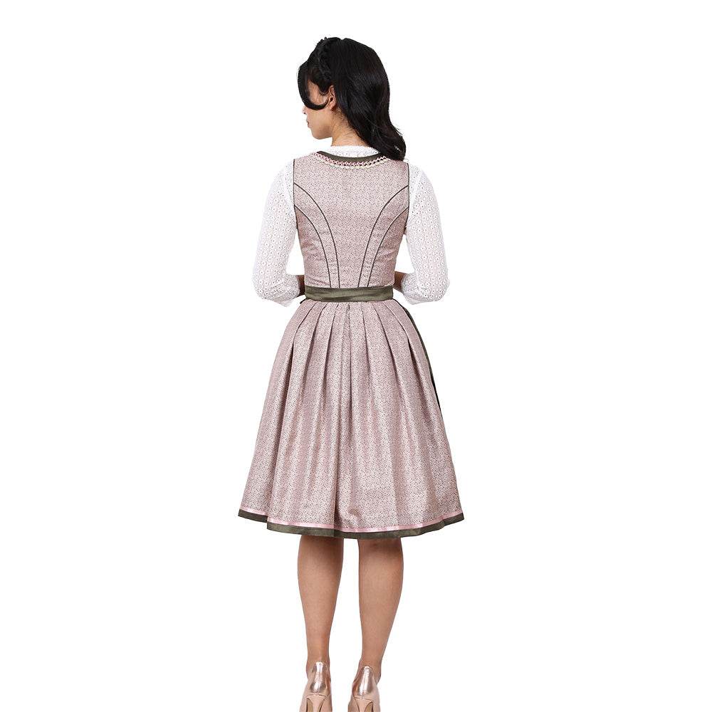 Zweiteiliges Dirndl in Grün-Rosé mit herzförmigem Mieder, mittigem Reißverschluss und passender Schnürung; einheitliches Muster auf Kleid und einfarbige Schürze mit dekorativen Borten passend zum Dirndlstoff.