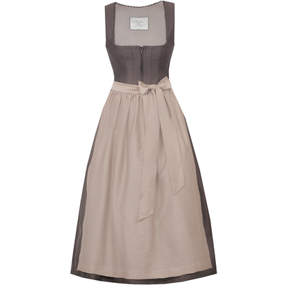 Elegantes Dirndl in Lakritz/Taupe mit schlichtem, musterlosem Mieder und vorderseitigem Reißverschluss. Die Ton-in-Ton gehaltene Schürze ist mit einer Schleife gebunden, das Dirndl reicht etwa bis zum Knie.