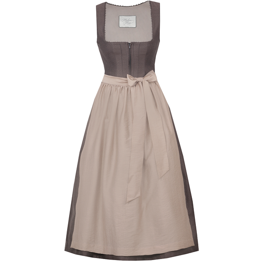 Elegantes Dirndl in Lakritz/Taupe mit schlichtem, musterlosem Mieder und vorderseitigem Reißverschluss. Die Ton-in-Ton gehaltene Schürze ist mit einer Schleife gebunden, das Dirndl reicht etwa bis zum Knie.