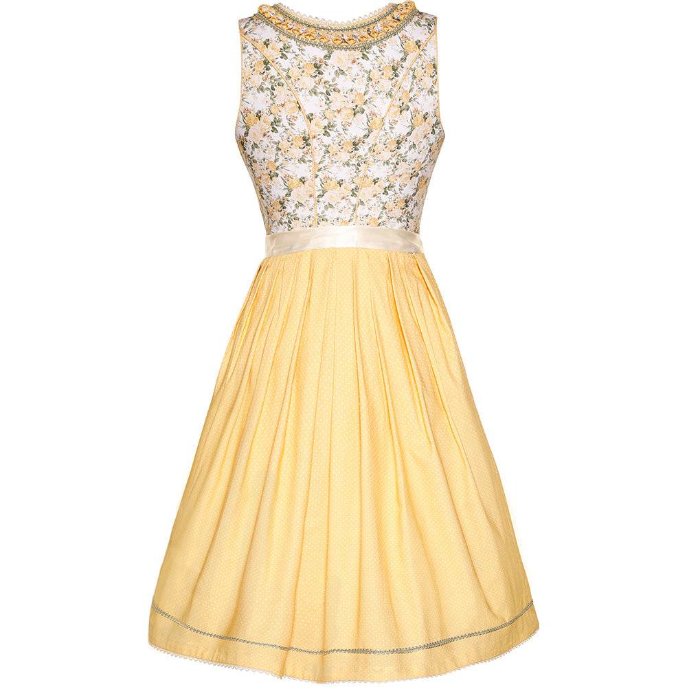 Verspieltes Dirndl in Gelb mit Blumenmuster am Mieder, Schnürung, verziertem Ausschnitt mit Froschgoscherl-Borte und feiner cremefarbener Spitzenschürze.