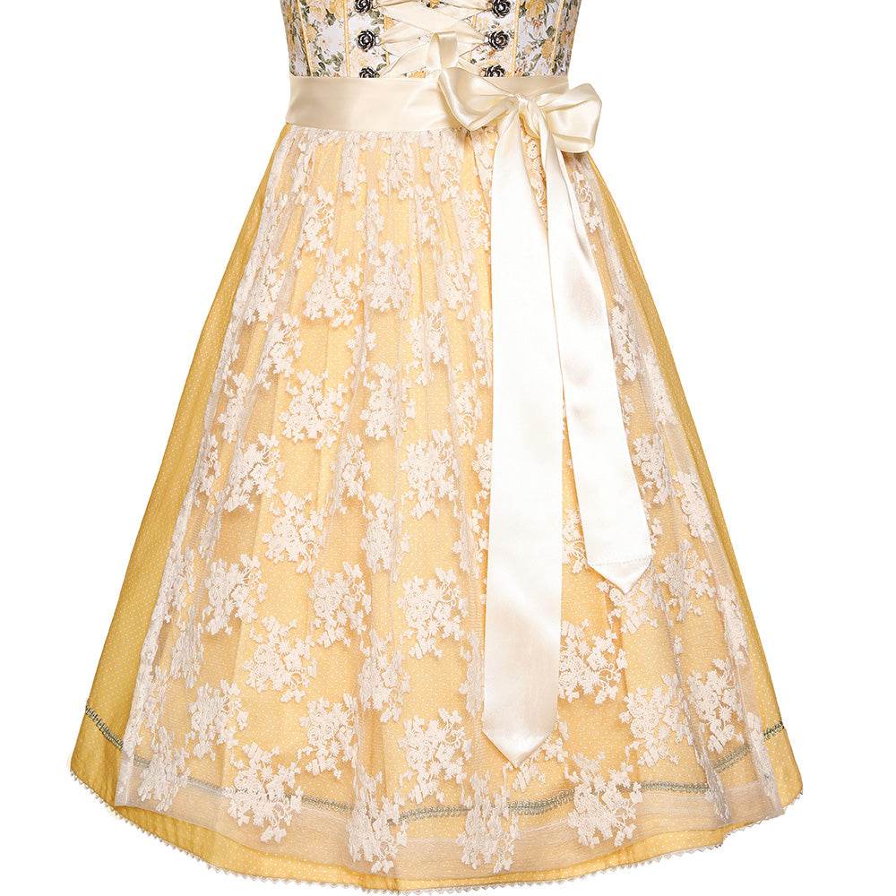Verspieltes Dirndl in Gelb mit Blumenmuster am Mieder, Schnürung, verziertem Ausschnitt mit Froschgoscherl-Borte und feiner cremefarbener Spitzenschürze.