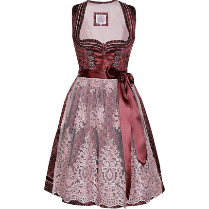 Modernes Dirndl in Beere mit Herzmuster, rosa Spitzen-Schürze, Mieder mit Reißverschluss, Schnürung und verziertem Ausschnitt.