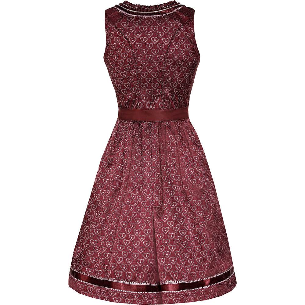 Modernes Dirndl in Beere mit Herzmuster, rosa Spitzen-Schürze, Mieder mit Reißverschluss, Schnürung und verziertem Ausschnitt.