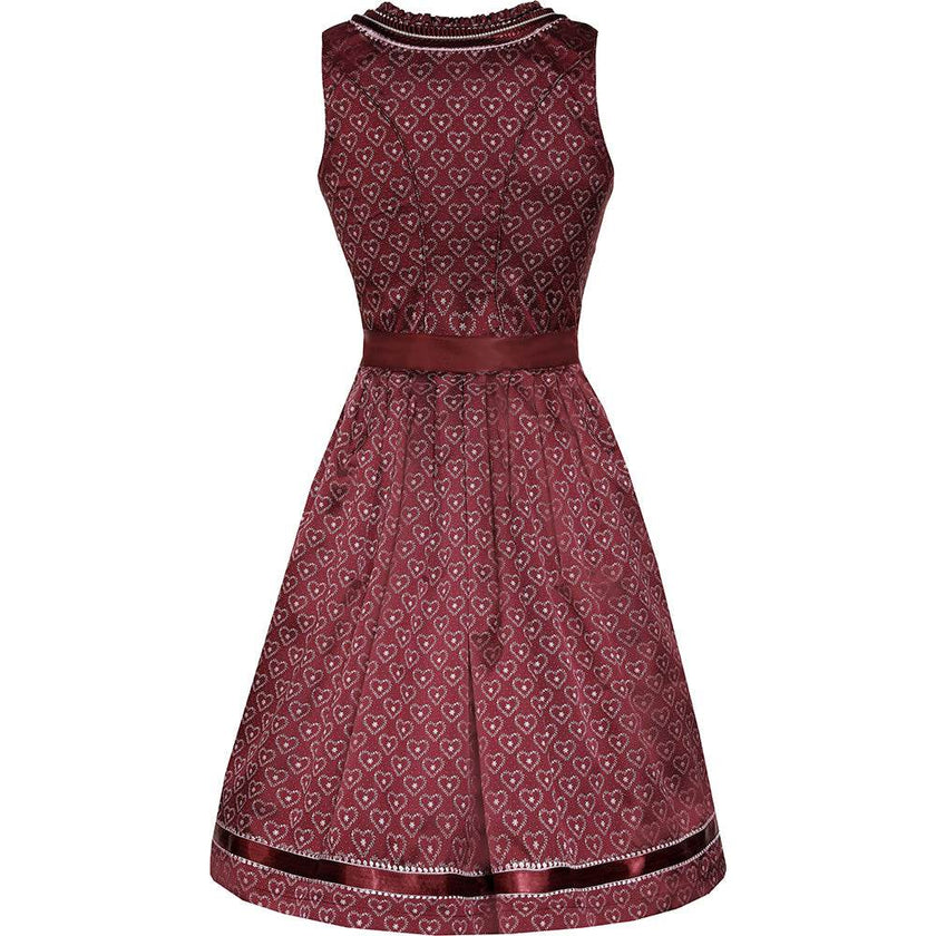 Modernes Dirndl in Beere mit Herzmuster, rosa Spitzen-Schürze, Mieder mit Reißverschluss, Schnürung und verziertem Ausschnitt.
