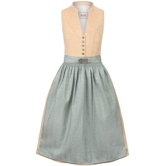 Klassisches gelbes Dirndl mit hochgeschlossenem Schnitt, V-Ausschnitt mit dekorativen Knöpfen, fein gemustertem Stoff und unifarbener Schürze mit Metallschließe.