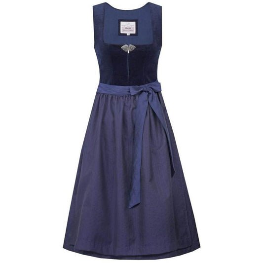 Elegantes marineblaues Dirndl mit Samtmieder, Schließe am Ausschnitt und Reißverschluss vorne, schlicht und klassisch gestaltet.