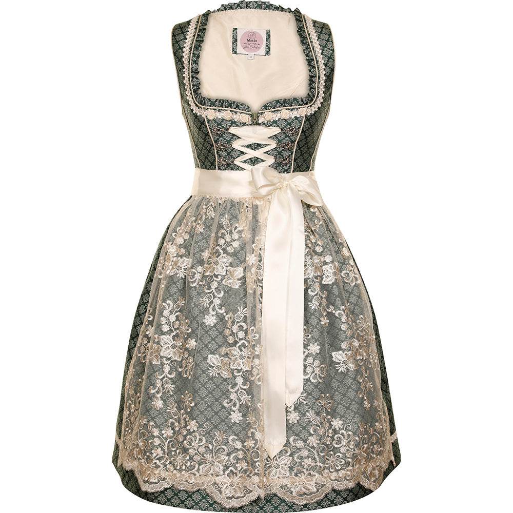 Modernes Dirndl in Smaragd mit Ornamentenmuster, cremefarbener Spitzenschürze, Mieder mit Reißverschluss, Schnürung und verziertem Ausschnitt.