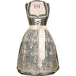 Modernes Dirndl in Smaragd mit Ornamentenmuster, cremefarbener Spitzenschürze, Mieder mit Reißverschluss, Schnürung und verziertem Ausschnitt.