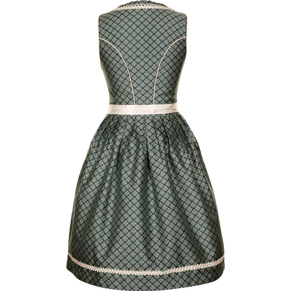 Modernes Dirndl in Smaragd mit Ornamentenmuster, cremefarbener Spitzenschürze, Mieder mit Reißverschluss, Schnürung und verziertem Ausschnitt.