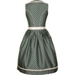 Modernes Dirndl in Smaragd mit Ornamentenmuster, cremefarbener Spitzenschürze, Mieder mit Reißverschluss, Schnürung und verziertem Ausschnitt.