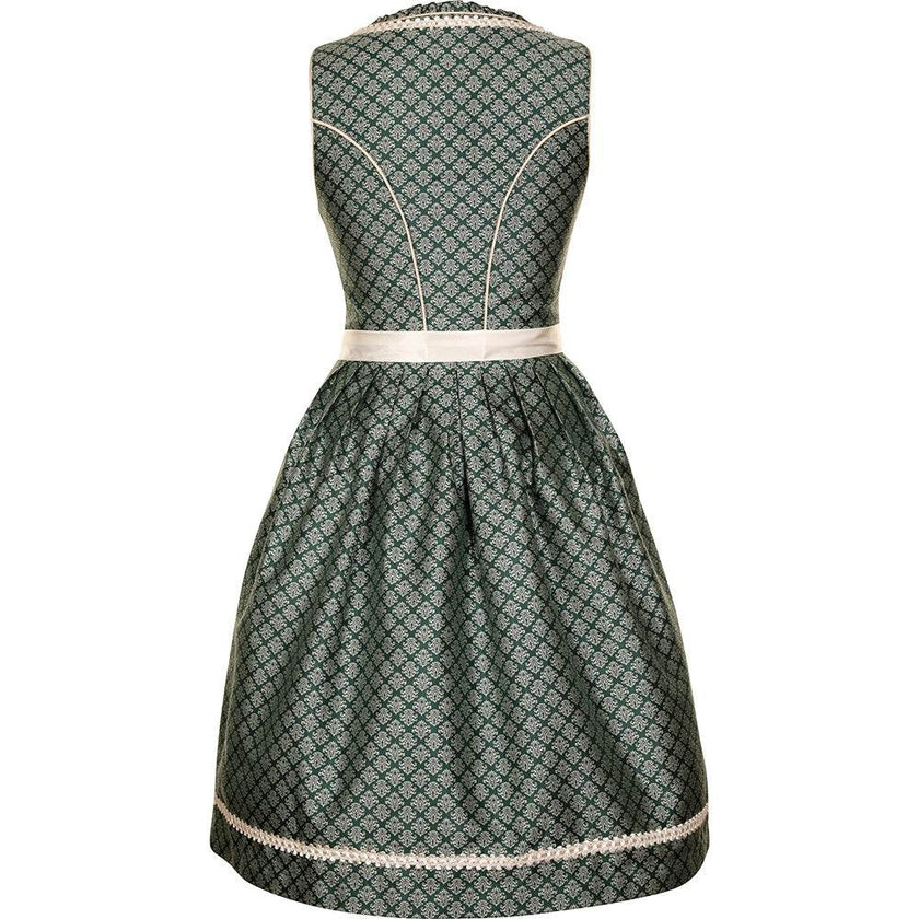 Modernes Dirndl in Smaragd mit Ornamentenmuster, cremefarbener Spitzenschürze, Mieder mit Reißverschluss, Schnürung und verziertem Ausschnitt.