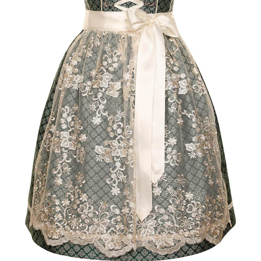 Modernes Dirndl in Smaragd mit Ornamentenmuster, cremefarbener Spitzenschürze, Mieder mit Reißverschluss, Schnürung und verziertem Ausschnitt.