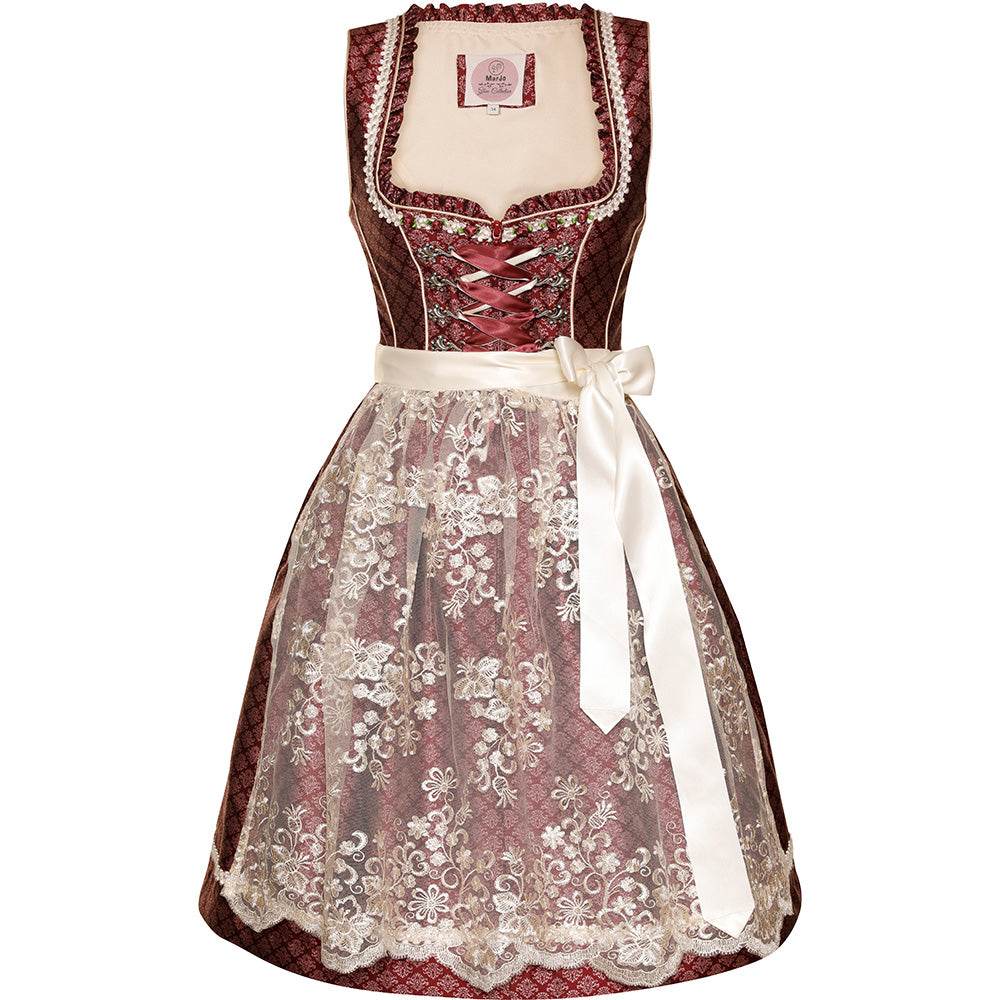 Modernes Dirndl in Beere mit Ornamentenmuster, cremefarbener Spitzenschürze, Mieder mit Reißverschluss, Schnürung und verziertem Ausschnitt.