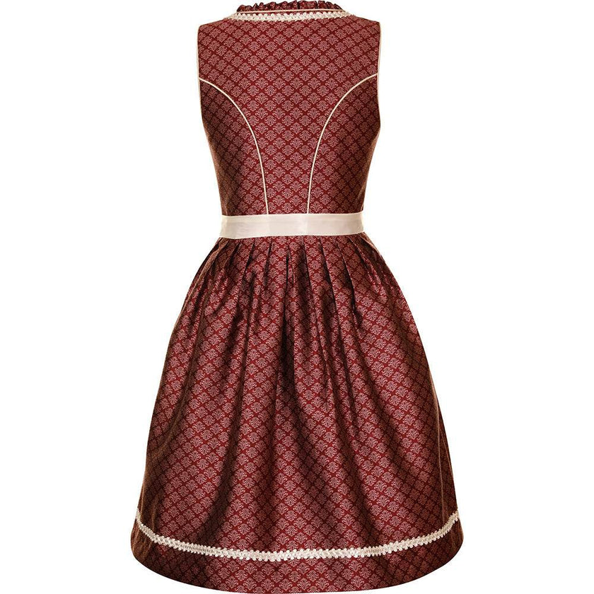 Modernes Dirndl in Beere mit Ornamentenmuster, cremefarbener Spitzenschürze, Mieder mit Reißverschluss, Schnürung und verziertem Ausschnitt.