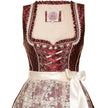 Modernes Dirndl in Beere mit Ornamentenmuster, cremefarbener Spitzenschürze, Mieder mit Reißverschluss, Schnürung und verziertem Ausschnitt.