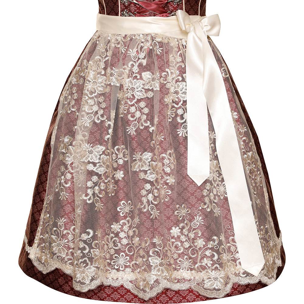 Modernes Dirndl in Beere mit Ornamentenmuster, cremefarbener Spitzenschürze, Mieder mit Reißverschluss, Schnürung und verziertem Ausschnitt.