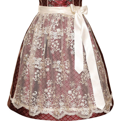 Modernes Dirndl in Beere mit Ornamentenmuster, cremefarbener Spitzenschürze, Mieder mit Reißverschluss, Schnürung und verziertem Ausschnitt.