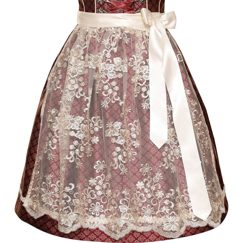Modernes Dirndl in Beere mit Ornamentenmuster, cremefarbener Spitzenschürze, Mieder mit Reißverschluss, Schnürung und verziertem Ausschnitt.