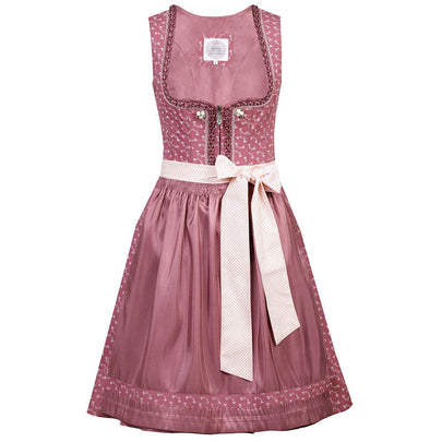 Nettes Dirndl in canberry-Farbe mit liebevollem Blumenmuster, Satinschürze mit Musterwiederholung und einem dekorativen Schleifenband. Das Mieder zeigt einen Reißverschluss, der Ausschnitt ist aufwendig verziert.