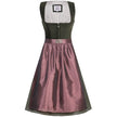 Zweiteiliges Dirndl mit grünem Samt-Mieder und einem dezent glänzenden, rosenholzfarbenen Rock. Das Mieder hat einen Reißverschluss vorne, die passende Schürze ist leicht schimmernd und harmonisch auf das Outfit abgestimmt.