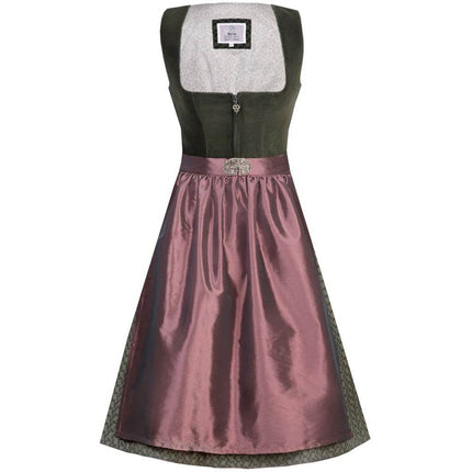 Zweiteiliges Dirndl mit grünem Samt-Mieder und einem dezent glänzenden, rosenholzfarbenen Rock. Das Mieder hat einen Reißverschluss vorne, die passende Schürze ist leicht schimmernd und harmonisch auf das Outfit abgestimmt.