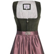 Zweiteiliges Dirndl mit grünem Samt-Mieder und einem dezent glänzenden, rosenholzfarbenen Rock. Das Mieder hat einen Reißverschluss vorne, die passende Schürze ist leicht schimmernd und harmonisch auf das Outfit abgestimmt.