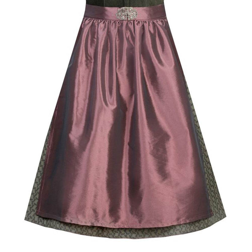 Zweiteiliges Dirndl mit grünem Samt-Mieder und einem dezent glänzenden, rosenholzfarbenen Rock. Das Mieder hat einen Reißverschluss vorne, die passende Schürze ist leicht schimmernd und harmonisch auf das Outfit abgestimmt.
