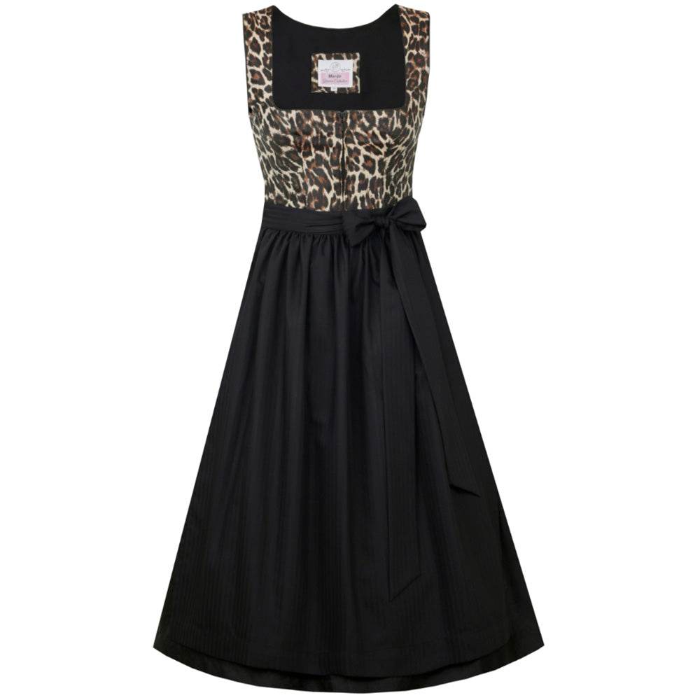 Elegantes Dirndl in Schwarz mit auffälligem Leoprint-Mieder und schlichtem schwarzen Rock. Das Mieder zeigt ein Tigerlook-Muster mit Reißverschluss, die Schürze ist unifarben. Das zweilagige Dirndl wirkt modern und zieht durch das Muster alle Blicke auf sich.