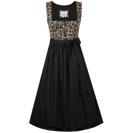 Elegantes Dirndl in Schwarz mit auffälligem Leoprint-Mieder und schlichtem schwarzen Rock. Das Mieder zeigt ein Tigerlook-Muster mit Reißverschluss, die Schürze ist unifarben. Das zweilagige Dirndl wirkt modern und zieht durch das Muster alle Blicke auf sich.