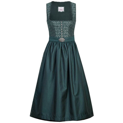 Elegantes zweiteiliges Dirndl in tannengrün mit floral gemustertem Mieder und dekorativer Knopfleiste. Die Schürze ist mit einer passenden Schließe versehen, die das Gesamtbild stilvoll abrundet.