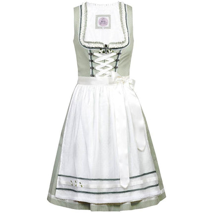 Liebreizendes Dirndl in zartem Salbei mit doppellagiger Schürze aus Spitze und Taft, verziert mit feinen Details. Das Mieder zeigt Reißverschluss und Schnürung, der Ausschnitt ist kunstvoll geschmückt.