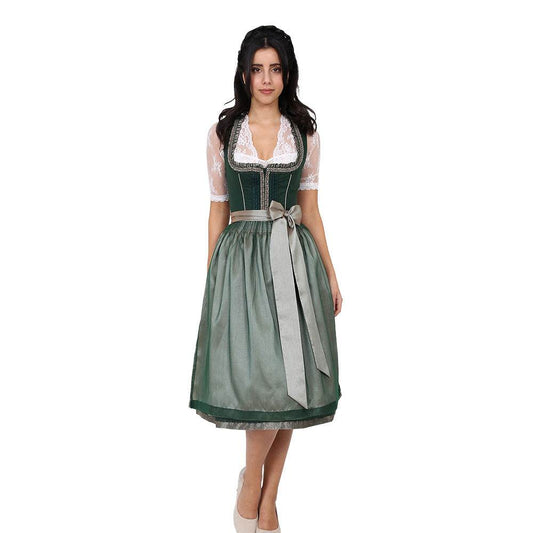 Zweiteiliges Dirndl in Dunkelgrün mit besonderem Mieder ohne Schnürung und mittigem Reißverschluss, Rock mit feinem Ornamentenmuster und schlichter, transparenter Organzaschürze mit unterlegtem Kontraststoff.