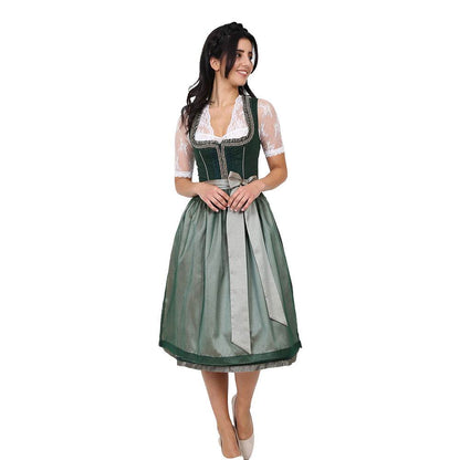 Zweiteiliges Dirndl in Dunkelgrün mit besonderem Mieder ohne Schnürung und mittigem Reißverschluss, Rock mit feinem Ornamentenmuster und schlichter, transparenter Organzaschürze mit unterlegtem Kontraststoff.