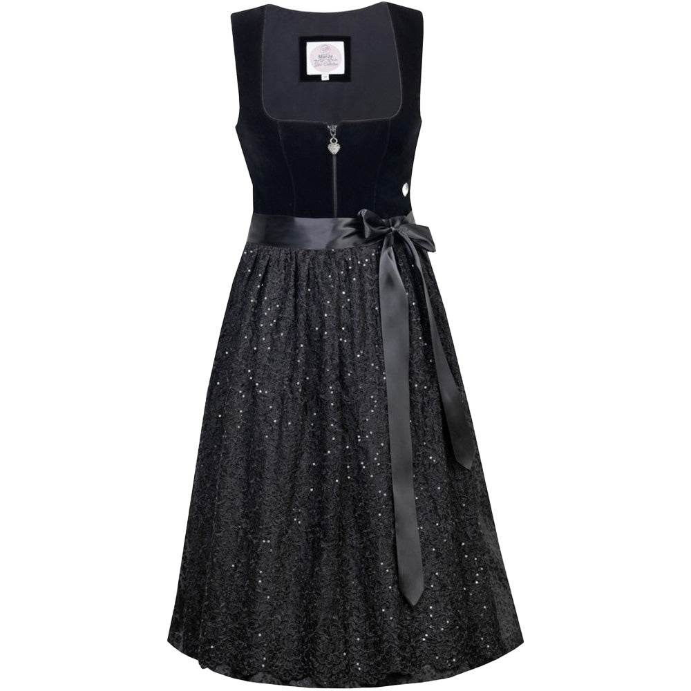 Elegantes zweiteiliges Dirndl in Schwarz mit samtigem Mieder, das einen Reißverschluss vorne hat. Die zarte, schlichte Spitzenschürze ergänzt das Outfit harmonisch und verleiht dem Dirndl eine edle Ausstrahlung.
