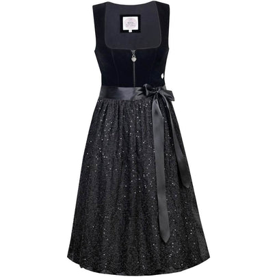 Elegantes zweiteiliges Dirndl in Schwarz mit samtigem Mieder, das einen Reißverschluss vorne hat. Die zarte, schlichte Spitzenschürze ergänzt das Outfit harmonisch und verleiht dem Dirndl eine edle Ausstrahlung.