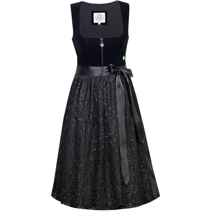 Elegantes zweiteiliges Dirndl in Schwarz mit samtigem Mieder, das einen Reißverschluss vorne hat. Die zarte, schlichte Spitzenschürze ergänzt das Outfit harmonisch und verleiht dem Dirndl eine edle Ausstrahlung.