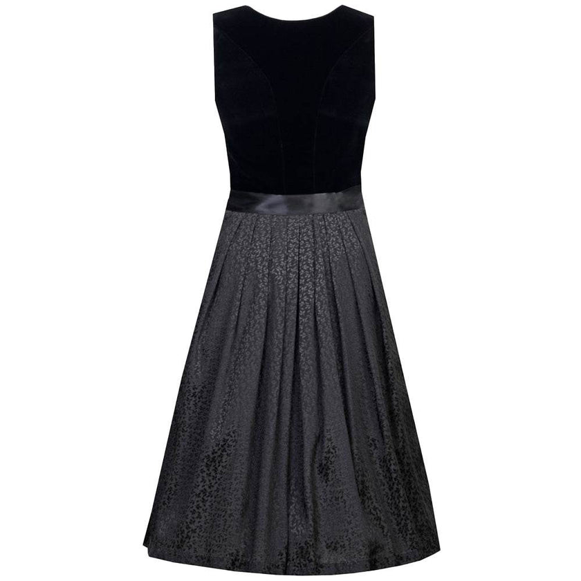 Elegantes zweiteiliges Dirndl in Schwarz mit samtigem Mieder, das einen Reißverschluss vorne hat. Die zarte, schlichte Spitzenschürze ergänzt das Outfit harmonisch und verleiht dem Dirndl eine edle Ausstrahlung.