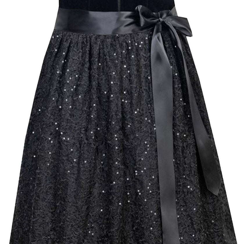 Elegantes zweiteiliges Dirndl in Schwarz mit samtigem Mieder, das einen Reißverschluss vorne hat. Die zarte, schlichte Spitzenschürze ergänzt das Outfit harmonisch und verleiht dem Dirndl eine edle Ausstrahlung.