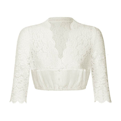 Dirndlbluse in Creme mit 3/4-Arm, V-Ausschnitt und eleganter Kombination aus transparenter Spitze am Oberteil und festem Stoff im unteren Bereich. Die Bluse ist vorne geknöpft.
