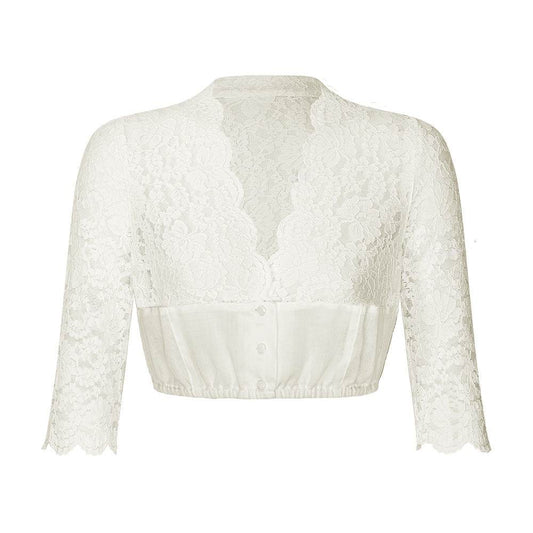 Dirndlbluse in Creme mit 3/4-Arm, V-Ausschnitt und eleganter Kombination aus transparenter Spitze am Oberteil und festem Stoff im unteren Bereich. Die Bluse ist vorne geknöpft.