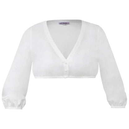 Exklusive Dirndlbluse mit 3/4-Arm aus schimmerndem, schlicht elegantem Material und V-Ausschnitt in hellem Ecru-Ton.