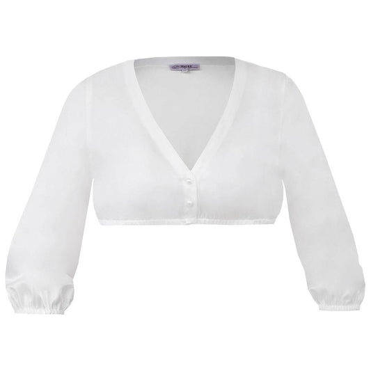 Exklusive Dirndlbluse mit 3/4-Arm aus schimmerndem, schlicht elegantem Material und V-Ausschnitt in hellem Ecru-Ton.