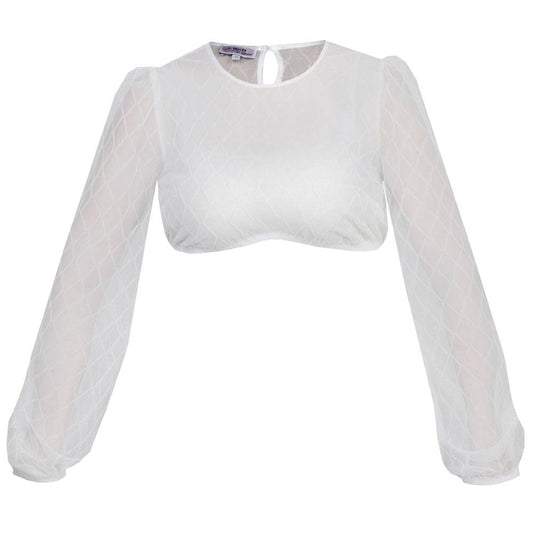 Langärmelige, hochgeschlossene Dirndlbluse in Off-White mit zartem Rautenmuster und halbtransparentem Stoff.