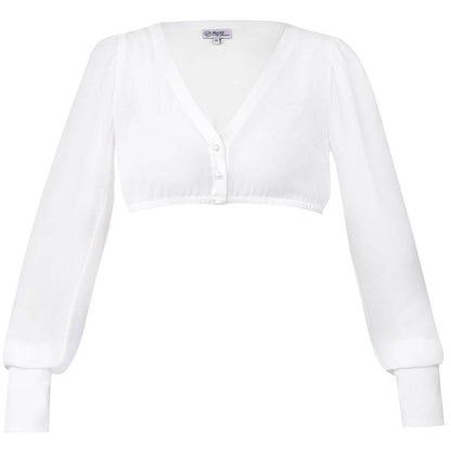 Dirndlbluse in Off-White mit langen, voluminösen Puffärmeln aus transparentem Chiffon, V-Ausschnitt und durchgehender Knopfleiste. Die Ärmel enden in breiten, geknöpften Manschetten mit feinen Details.