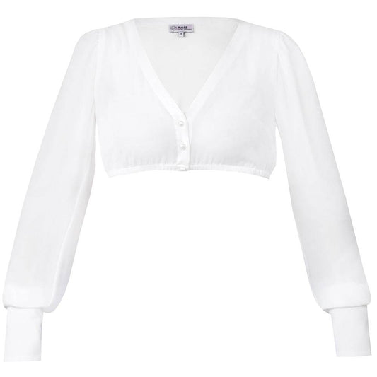 Dirndlbluse in Off-White mit langen, voluminösen Puffärmeln aus transparentem Chiffon, V-Ausschnitt und durchgehender Knopfleiste. Die Ärmel enden in breiten, geknöpften Manschetten mit feinen Details.