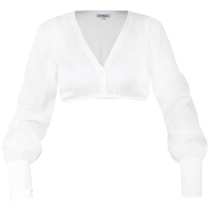 Weiße Dirndlbluse mit langen Puffärmeln aus leicht transparentem Stoff, V-Ausschnitt und Knopfleiste mit dekorativen Ösenknöpfen. Die breiten Manschetten sind mit je sechs Knöpfen in Perlenoptik verziert.