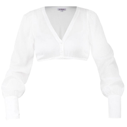 Weiße Dirndlbluse mit langen Puffärmeln aus leicht transparentem Stoff, V-Ausschnitt und Knopfleiste mit dekorativen Ösenknöpfen. Die breiten Manschetten sind mit je sechs Knöpfen in Perlenoptik verziert.