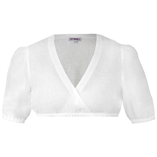 Kurzärmelige Dirndlbluse in Offwhite mit V-Ausschnitt und leicht gepufften Ballonärmeln, locker fallend und ohne sichtbare Knopfleiste.