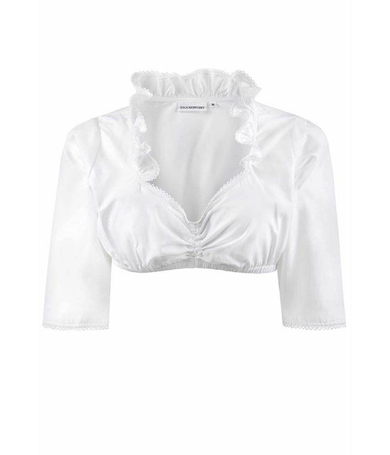 Weiße Dirndlbluse mit regulierbarem Ausschnitt durch Tunnelzug, elegantem Kragen mit feiner Spitze und Spitzenbesatz an den Ärmelbünden in klassischem Stil.