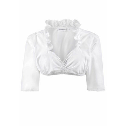 Weiße Dirndlbluse mit regulierbarem Ausschnitt durch Tunnelzug, elegantem Kragen mit feiner Spitze und Spitzenbesatz an den Ärmelbünden in klassischem Stil.